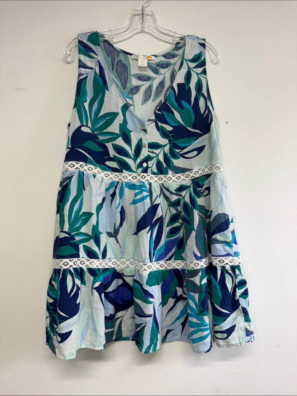 C&C California Leaf Print Linen Blend Sundress with Lace Trim, size L